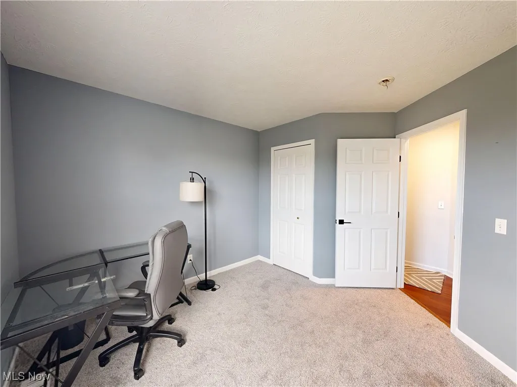 Office space with carpet flooring and a textured ceiling