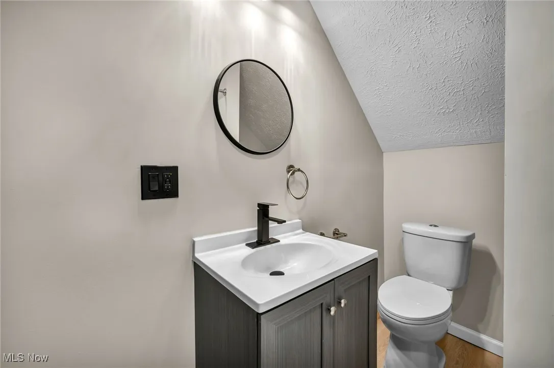 Bathroom with lofted ceiling, vanity, a textured ceiling, and wood finished floors