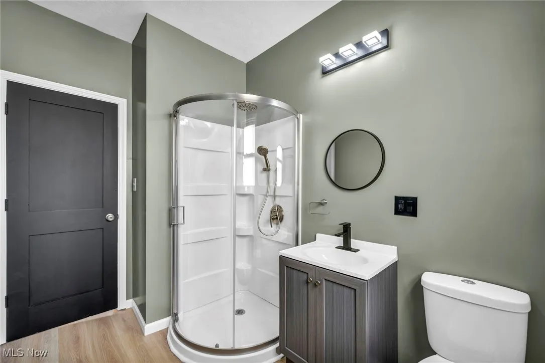 Bathroom featuring a shower stall, vanity, and wood finished floors