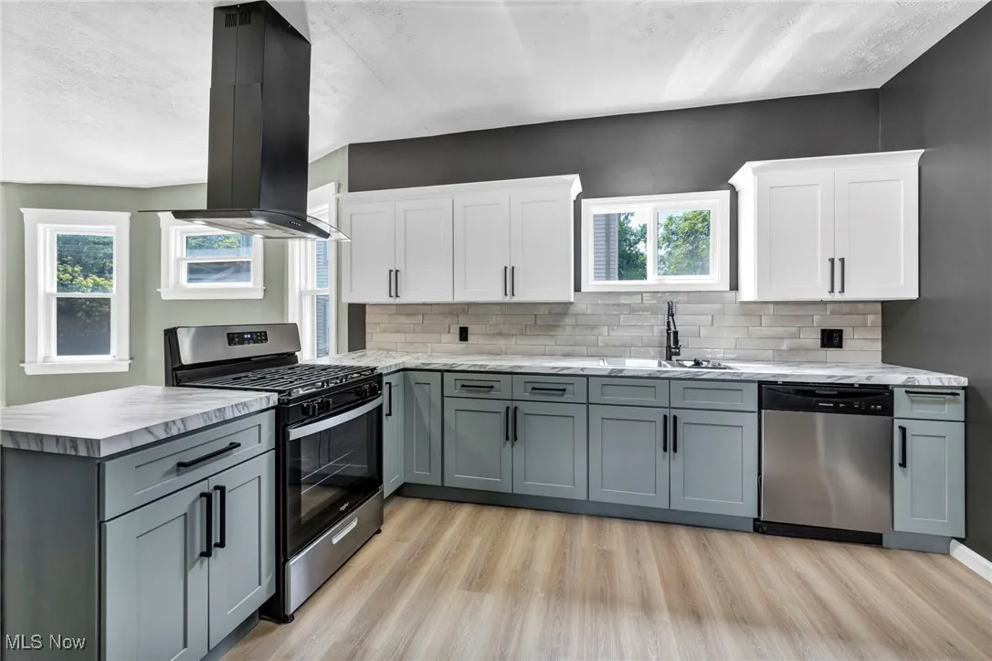 Kitchen with appliances with stainless steel finishes, island exhaust hood, light wood-type flooring, decorative backsplash, and white cabinetry