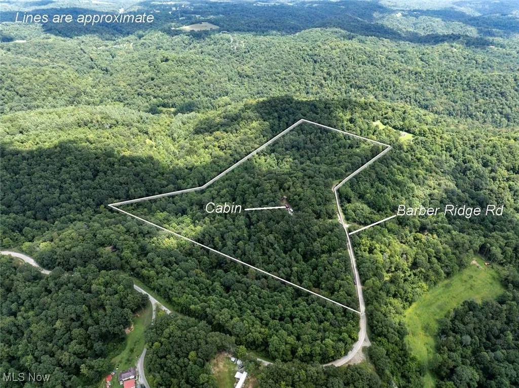 Aerial overview of property's location featuring property parcel outlined and a heavily wooded area