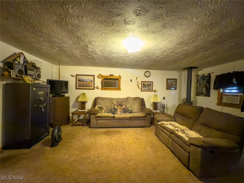 Carpeted living room with a wood stove, a textured ceiling, and an AC wall unit