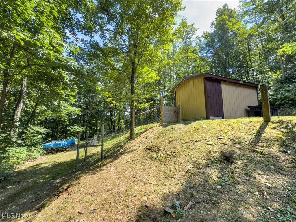 View of yard with an outdoor structure and view of scattered trees