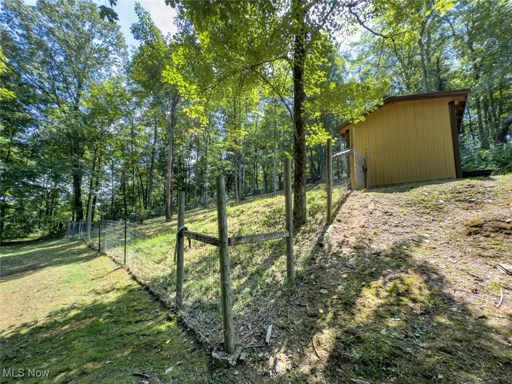View of yard with a forest view and an outdoor structure