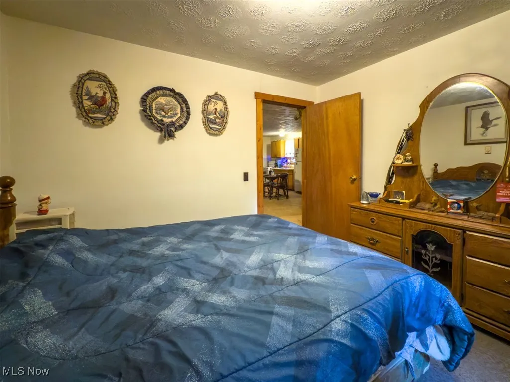 Carpeted bedroom featuring a textured ceiling
