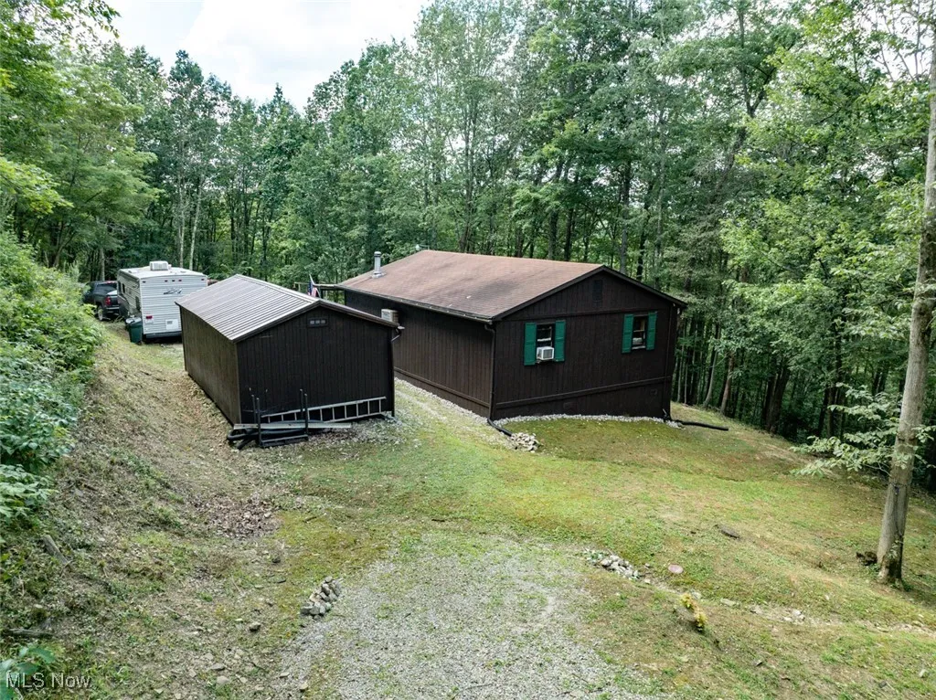 Aerial view of a heavily wooded area