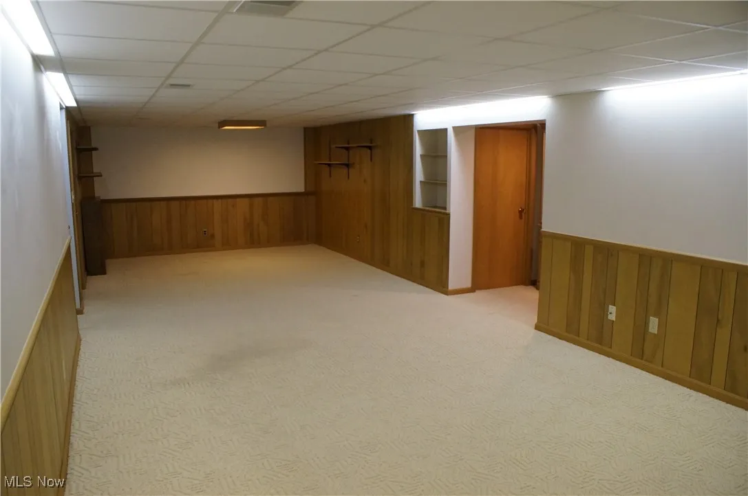 Finished below grade area with wooden walls, a wainscoted wall, a paneled ceiling, and light carpet
