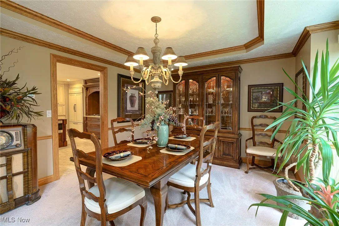 Dining area with a tray ceiling, light colored carpet, ornamental molding, and a chandelier