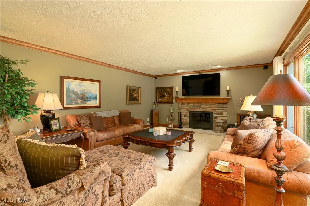 Carpeted living area with crown molding, a stone fireplace.
