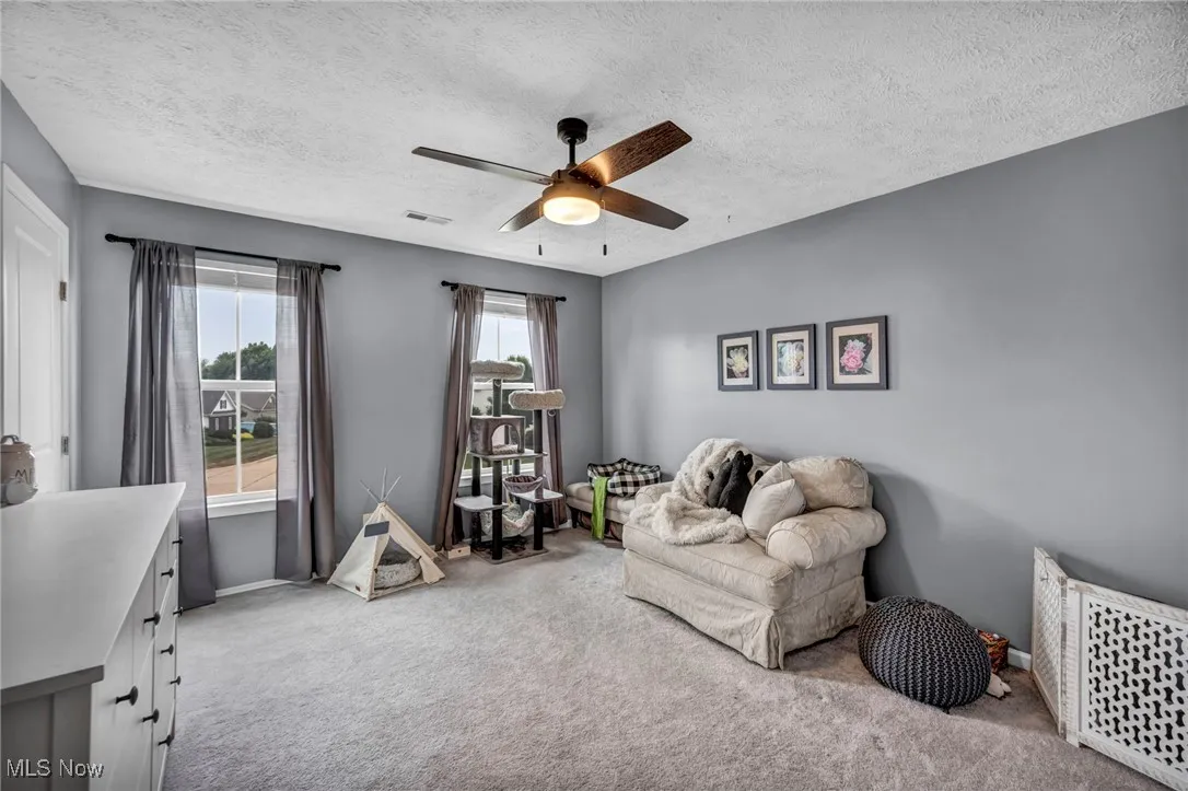 bedroom 3 featuring carpet flooring, a ceiling fan, plenty of natural light, and a textured ceiling