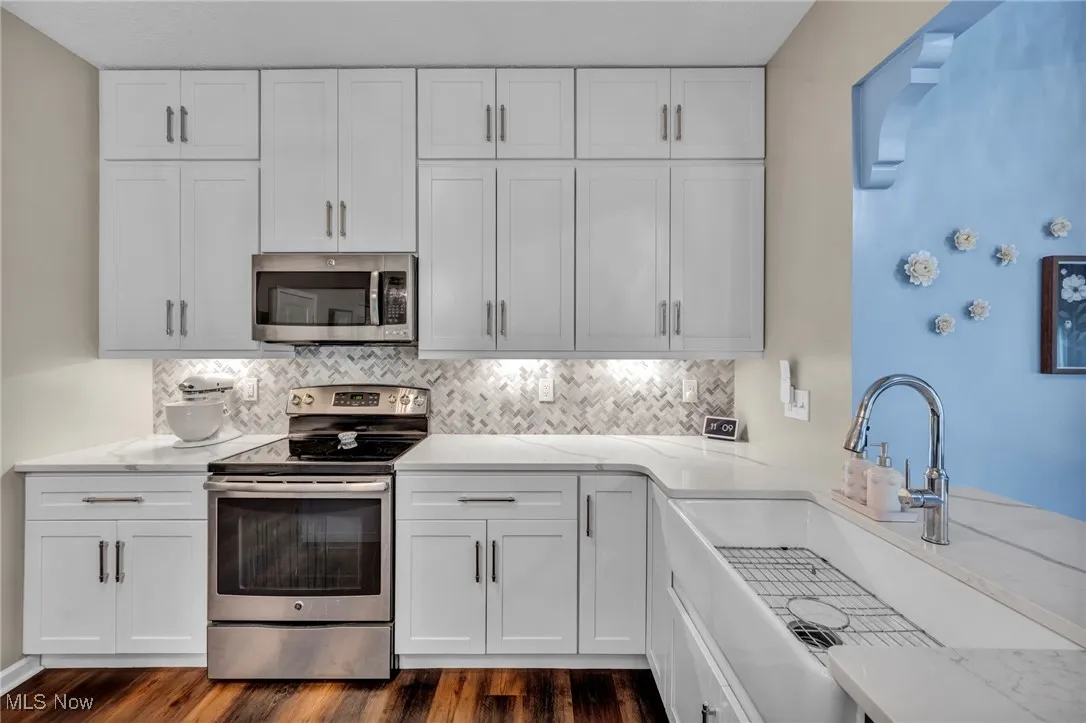 Kitchen with stainless steel appliances, dark wood-style floors, white cabinets, and tasteful backsplash