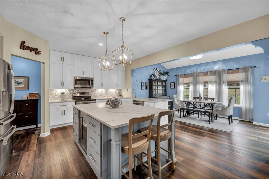 Kitchen featuring a peninsula, a kitchen island, dark wood-type flooring, stainless steel appliances, and white cabinetry