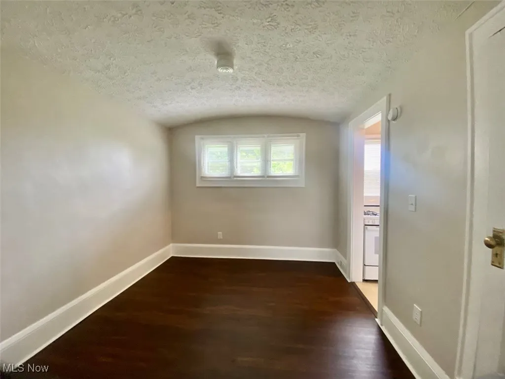 Spare room featuring a textured ceiling, dark wood-style floors, and lofted ceiling