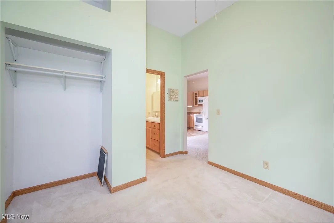 Unfurnished bedroom featuring light colored carpet, a closet, and a towering ceiling