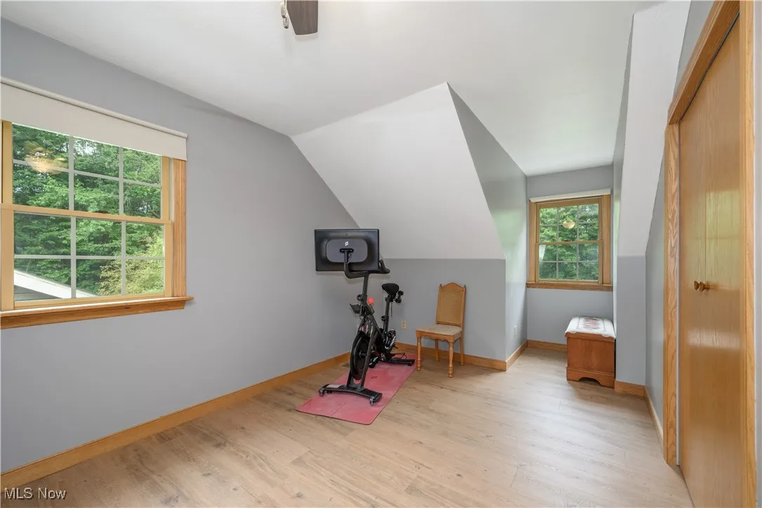 Exercise room with light wood finished floors, vaulted ceiling, and a ceiling fan