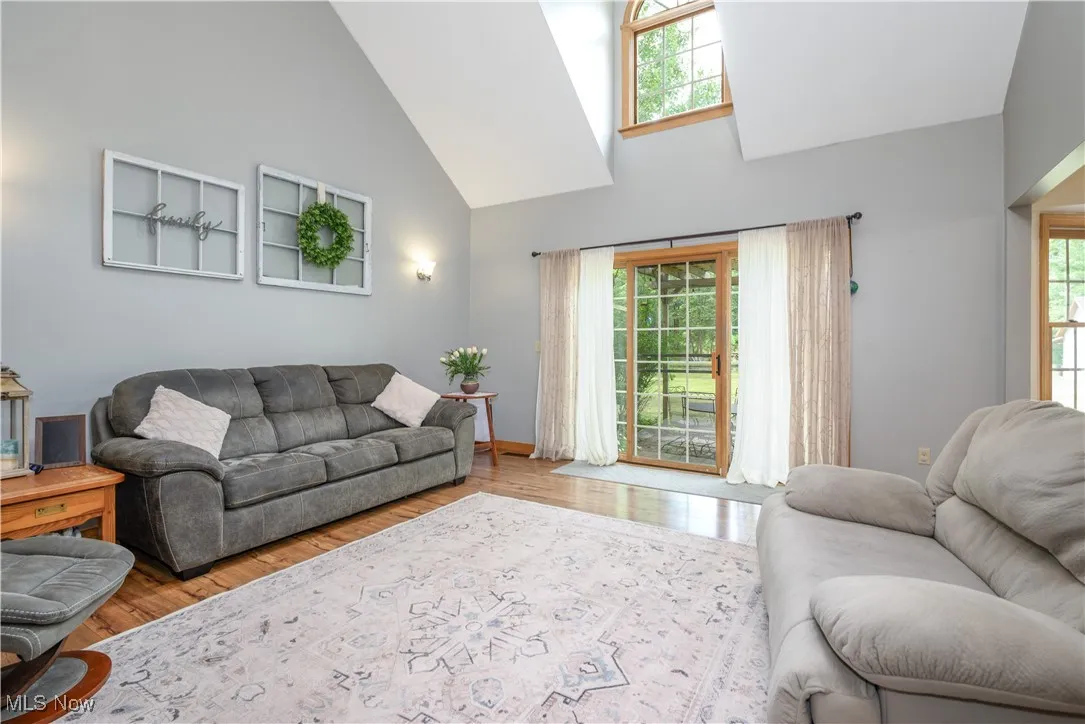 Living room featuring high vaulted ceiling and wood finished floors