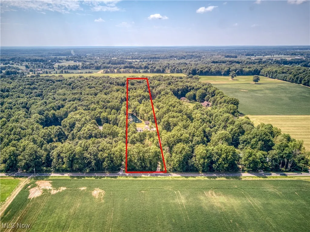 Aerial view of property and surrounding area featuring property boundaries highlighted and a forest