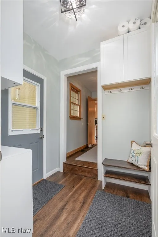 Mudroom with dark wood-style floors and baseboards