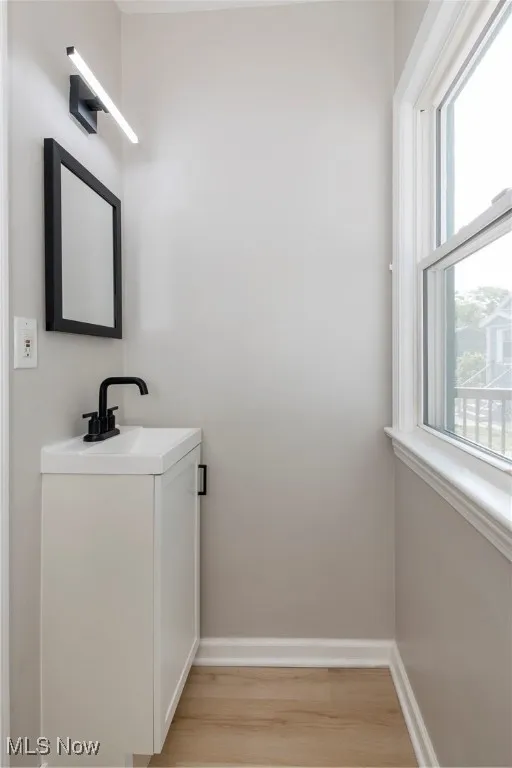 Bathroom with vanity and wood finished floors