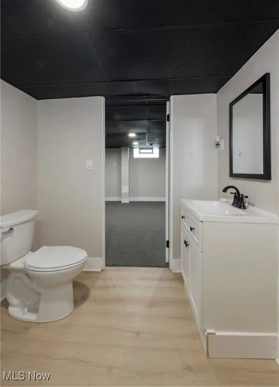 Bathroom with wood finished floors and vanity