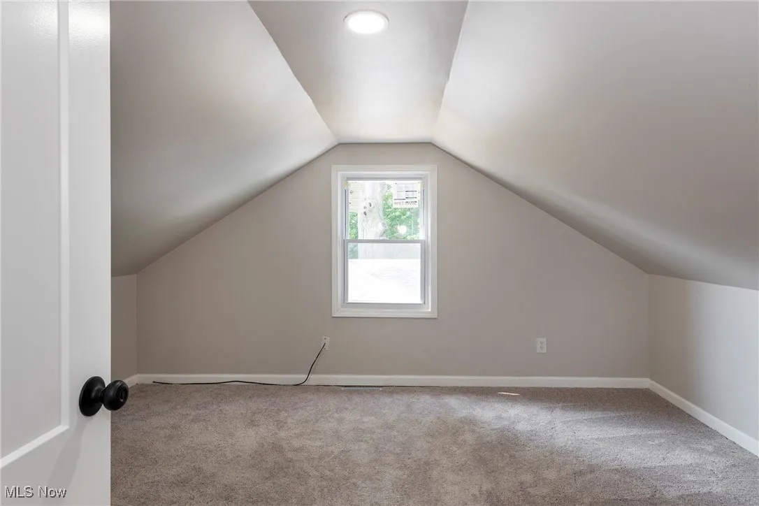 Additional living space with carpet flooring and lofted ceiling