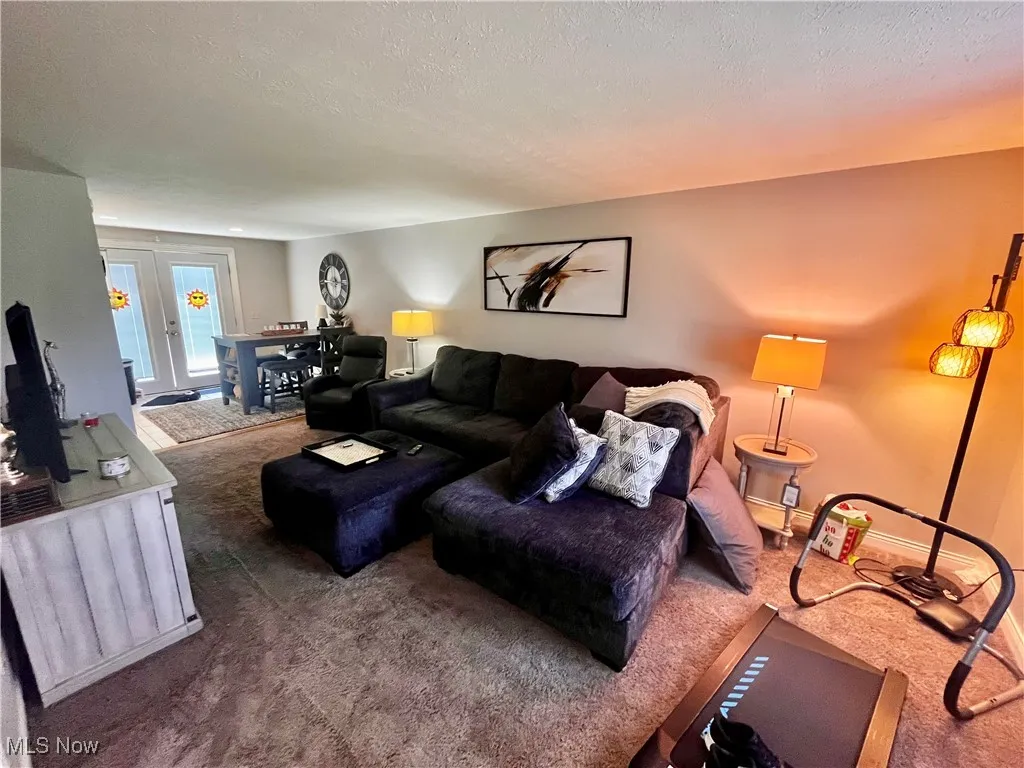 Living area featuring carpet, french doors, and a textured ceiling