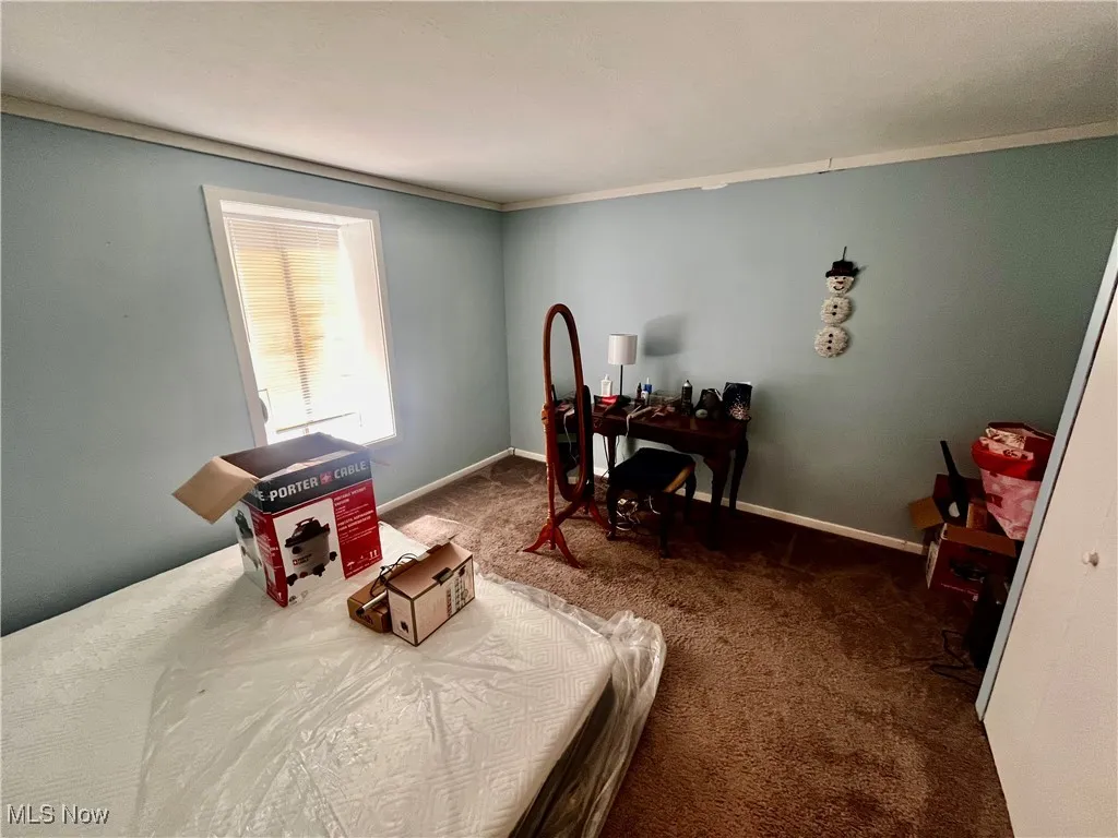 Carpeted bedroom with ornamental molding and baseboards