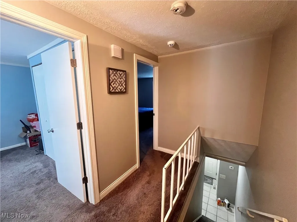 Corridor featuring an upstairs landing, carpet flooring, and a textured ceiling
