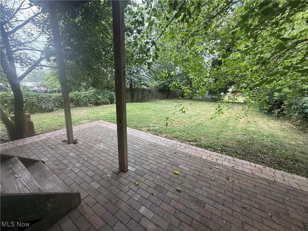Fenced backyard with patio
