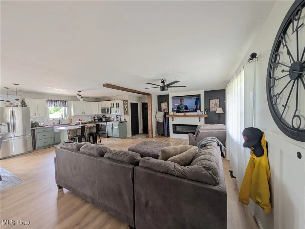 Living area with a glass covered fireplace, light wood-type flooring, and a ceiling fan