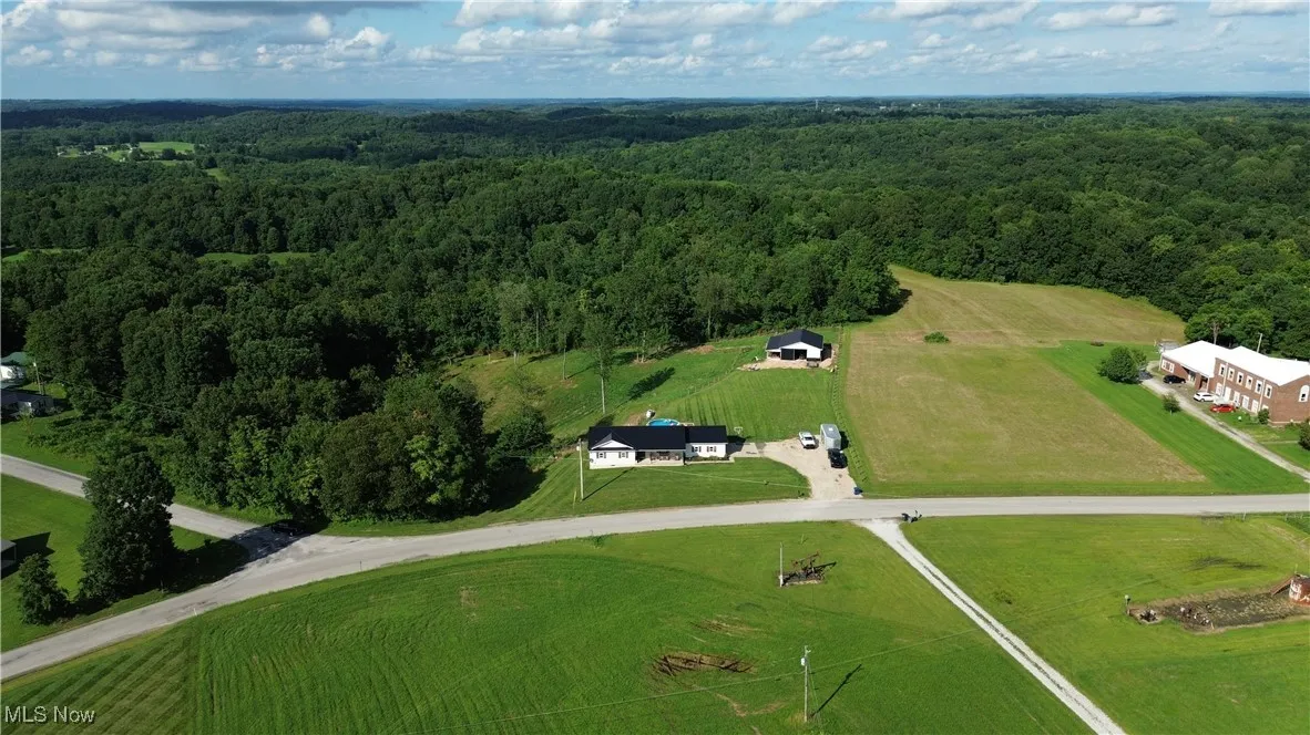 Overview of rural landscape featuring a forest