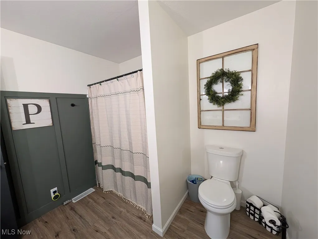 Bathroom featuring wood finished floors and a shower with shower curtain