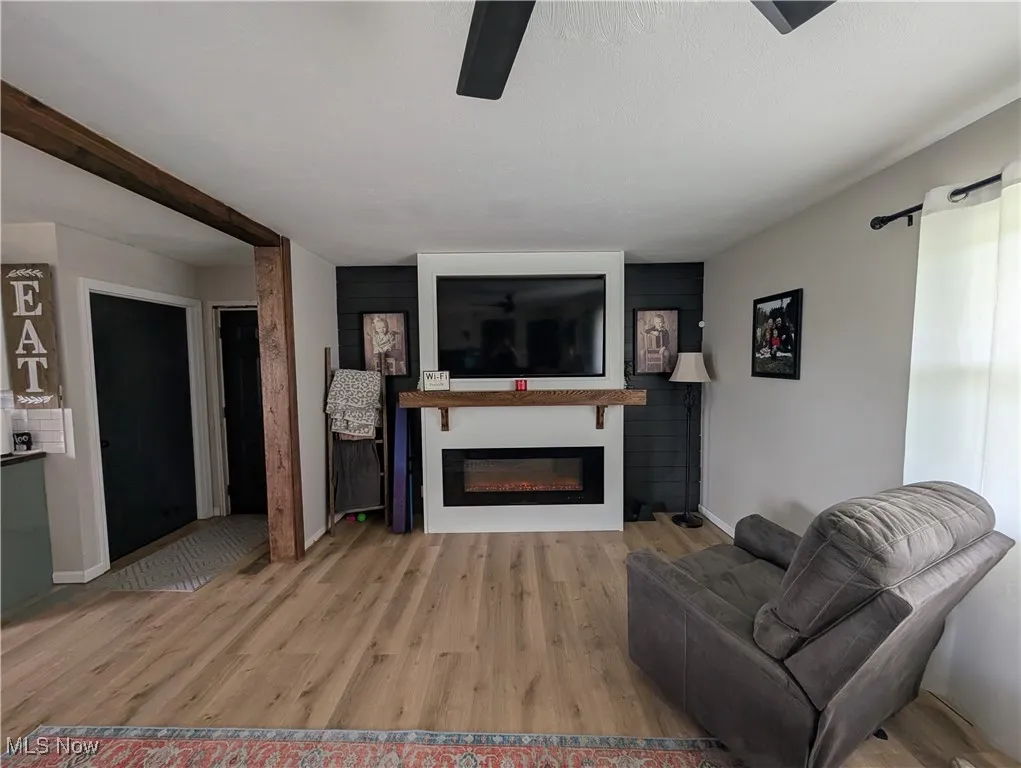 Living room with wood finished floors and a glass covered fireplace