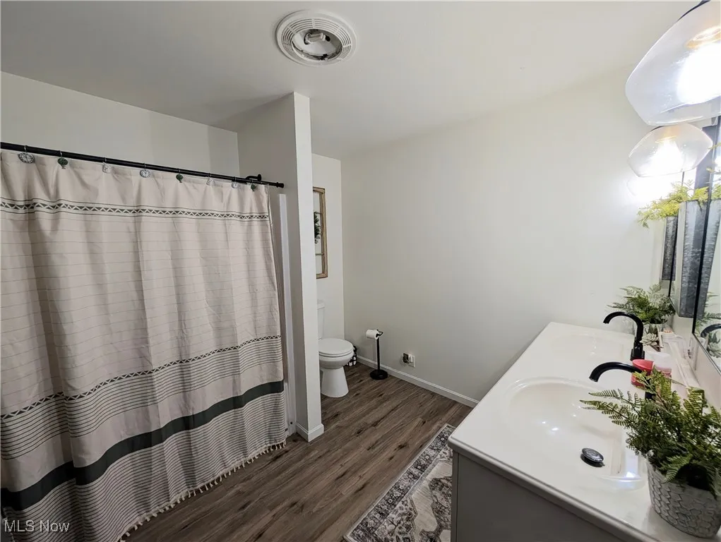 Bathroom with wood finished floors, double vanity, and curtained shower