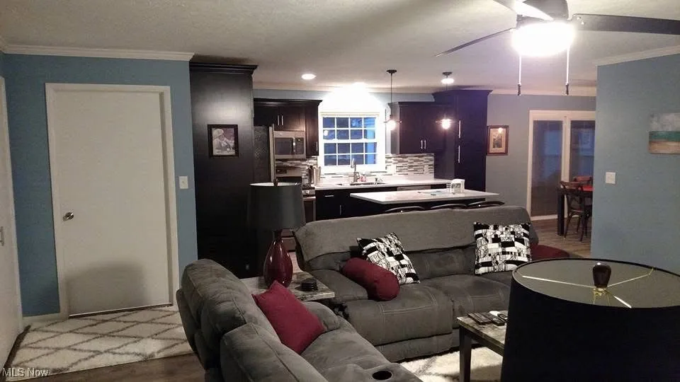 Living room featuring crown molding, light wood-style flooring, and a ceiling fan