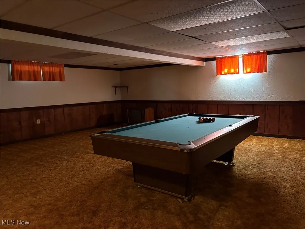 Recreation room featuring a wainscoted wall, carpet floors, billiards table, wood walls, and a paneled ceiling