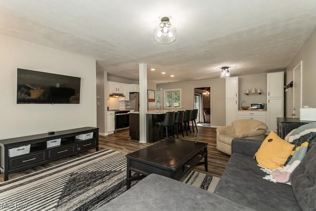 Living area featuring dark wood-style flooring and a textured ceiling