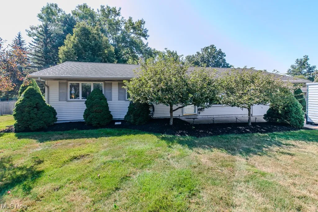 View of front of property with a front yard and roof with shingles