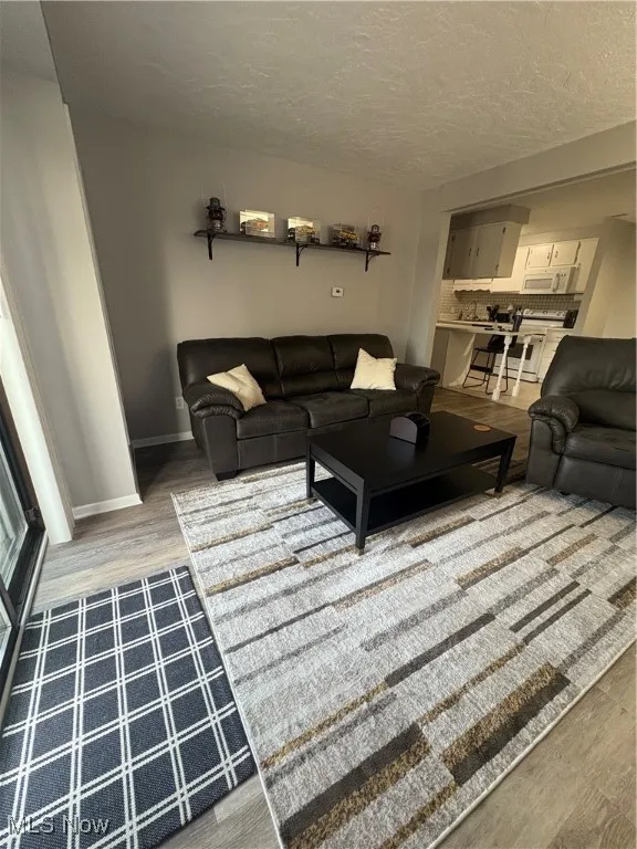 Living area featuring wood finished floors and a textured ceiling
