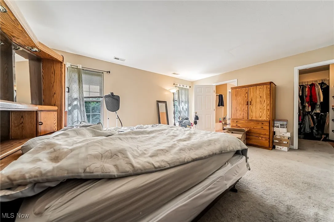 Bedroom featuring a walk in closet and light colored carpet