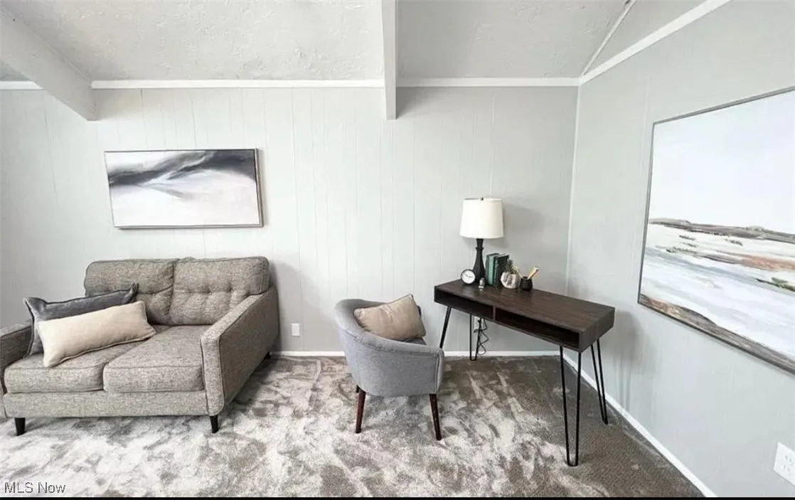 Carpeted office space with a textured ceiling