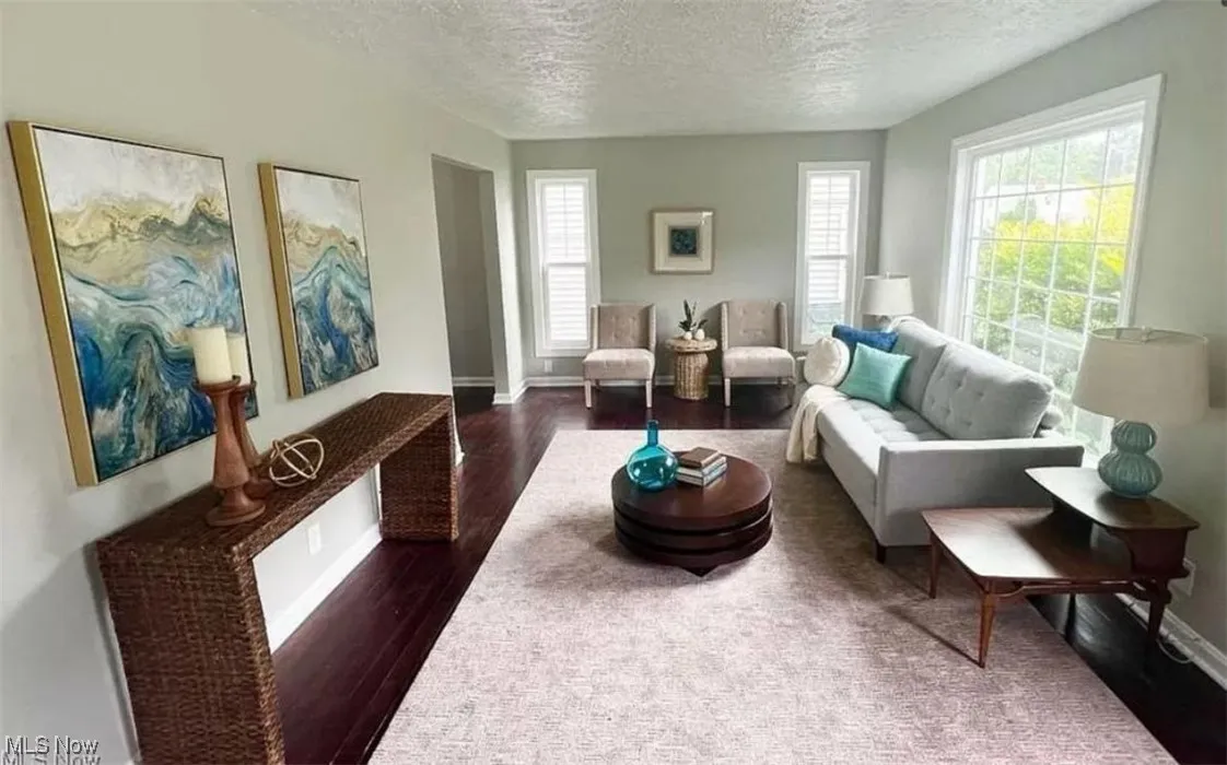 Living area with dark wood-type flooring and a textured ceiling