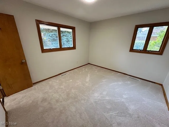 Unfurnished room featuring light carpet