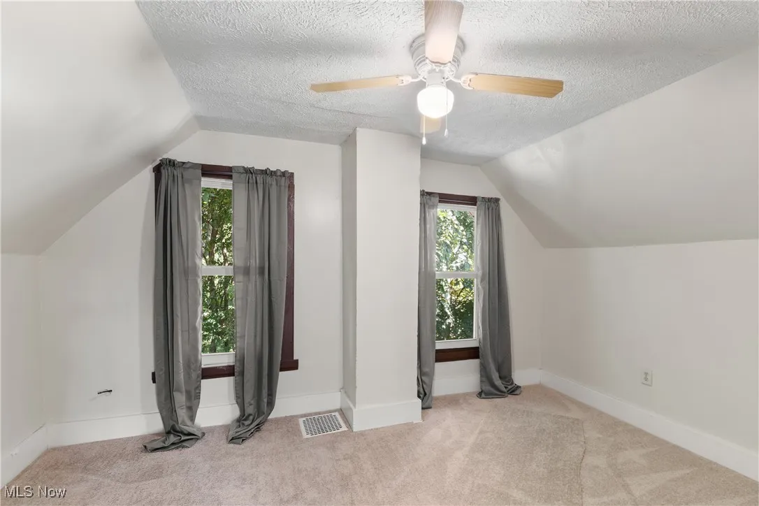 Additional living space featuring carpet floors, vaulted ceiling, and a textured ceiling