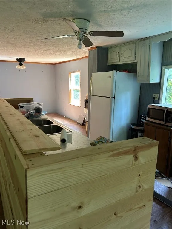 Kitchen with a textured ceiling, crown molding, fridge, plenty of natural light, and dark wood finished floors