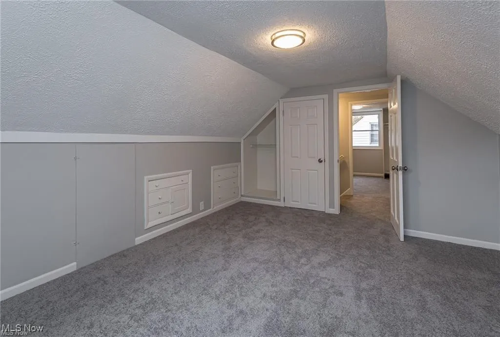 Bonus room featuring a textured ceiling, carpet floors, and vaulted ceiling