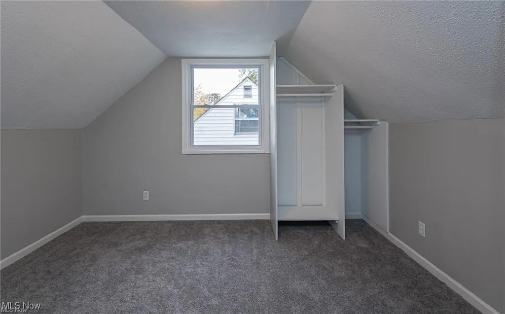 Additional living space with a textured ceiling, carpet flooring, and vaulted ceiling
