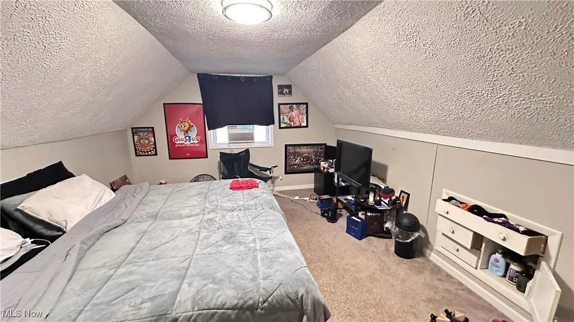 Bedroom featuring carpet, vaulted ceiling, and a textured ceiling