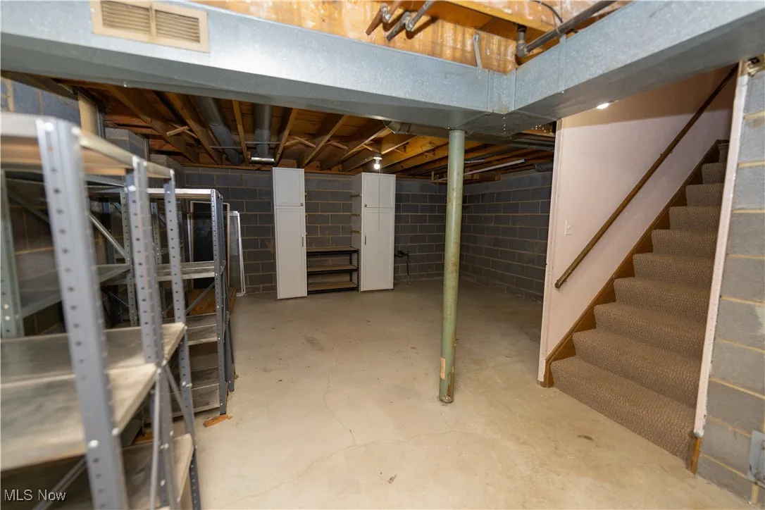 Basement view with extra storage shelves