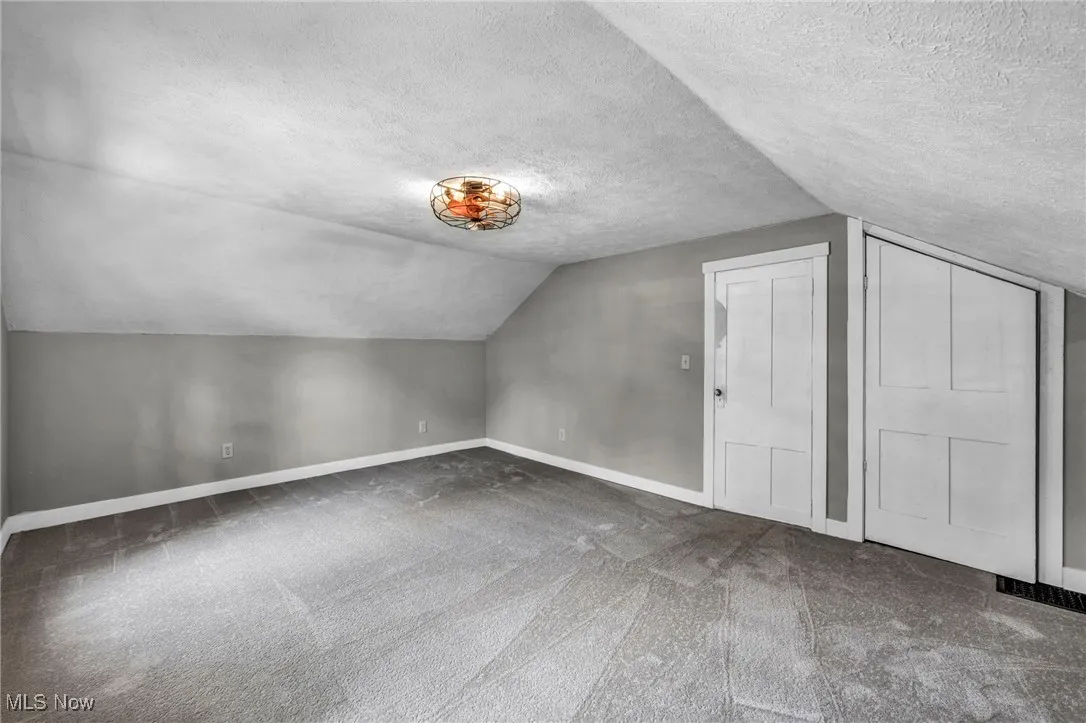 Additional living space featuring lofted ceiling, a textured ceiling, and carpet